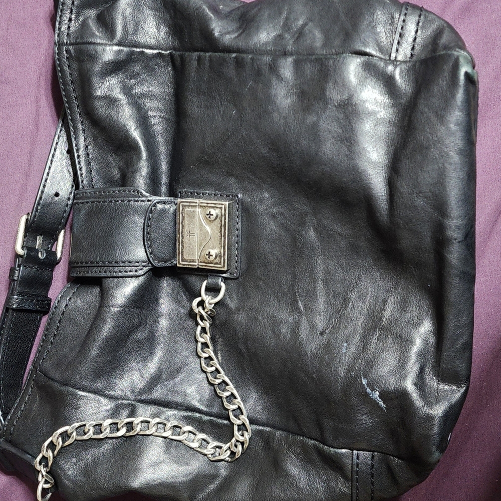 Black Leather Shoulder Bag with Chain Detail